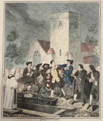 Jonathan Wild capturando a Jack en el funeral de su madre en el cementerio de la Iglesia de Willesden, ilustración de Jack Sheppard: Una Novela de William Harrison Ainsworth, publicada en 1839